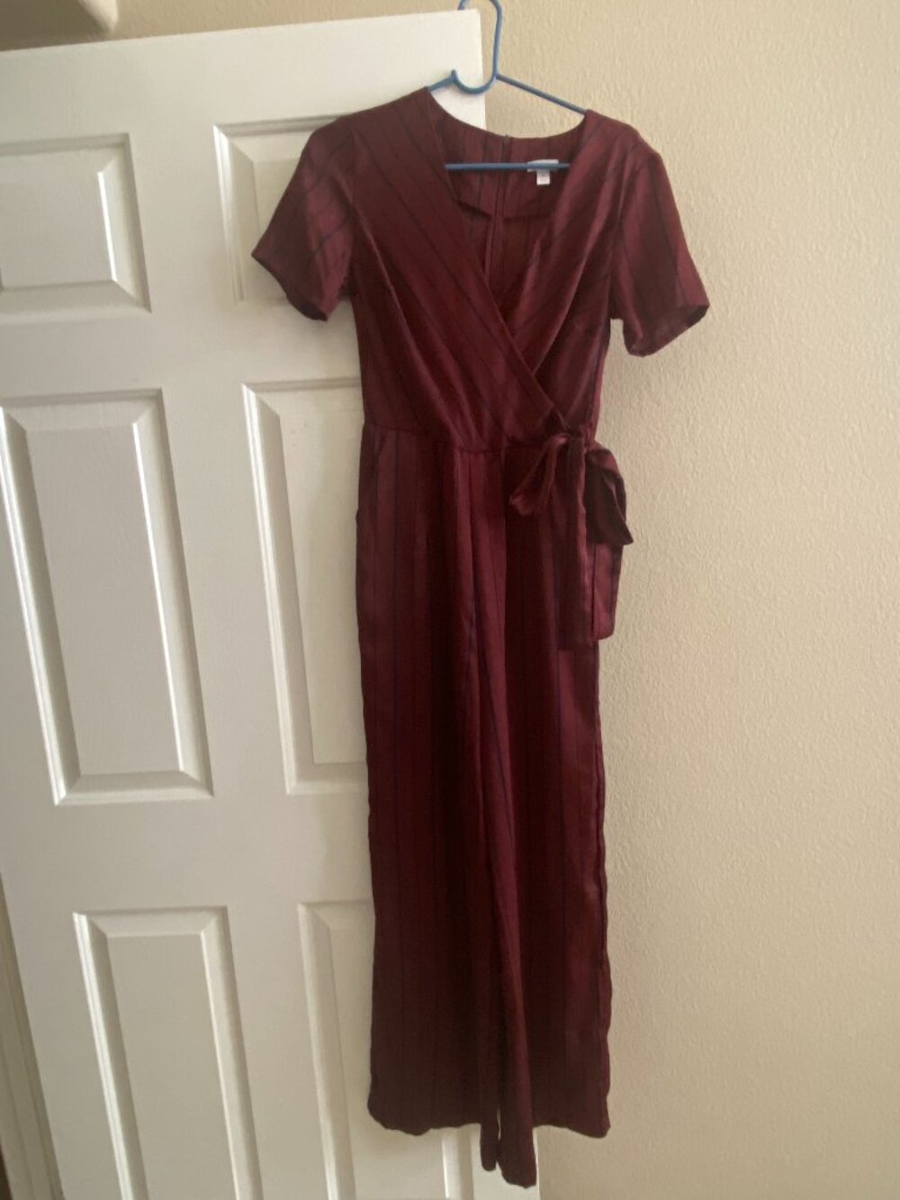 Burgundy Metallic Striped Wrap Jumpsuit Romper XS Tie Waist Wide Leg